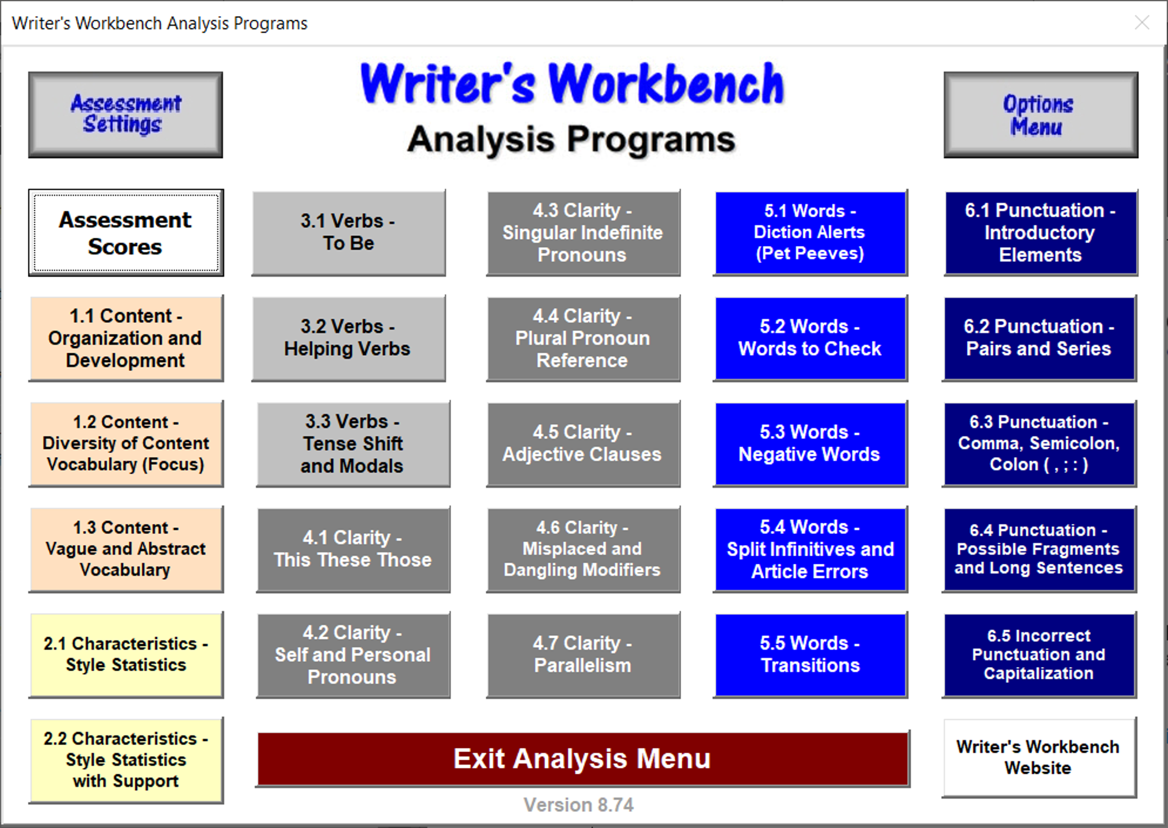 WWB Analysis Programs Menu